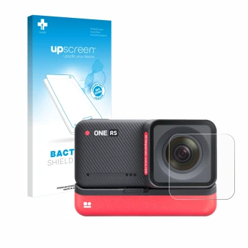 Vorderseite einer Produktverpackung mit dem Markenlogo upscreen. Daneben ist das Gerät Insta360 One RS 4K Edition (Linse) mit 