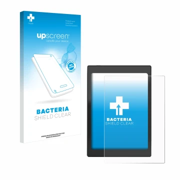 Vorderseite einer Produktverpackung mit dem Markenlogo upscreen. Daneben ist das Gerät Boox Nova Air C mit dem zugehörigen Dis