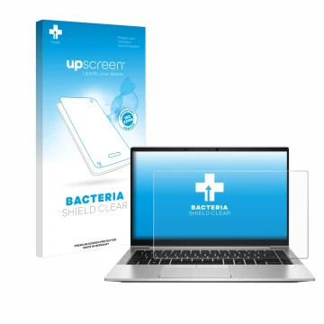 Vorderseite einer Produktverpackung mit dem Markenlogo upscreen. Daneben ist das Gerät HP EliteBook 845 G8 mit dem zugehörigen