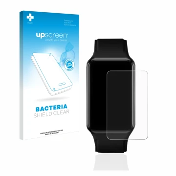 Vorderseite einer Produktverpackung mit dem Markenlogo upscreen. Daneben ist das Gerät Oppo Watch Free mit dem zugehörigen Dis
