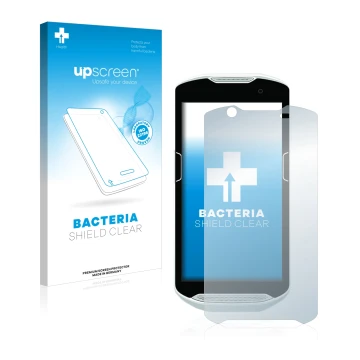 Vorderseite einer Produktverpackung mit dem Markenlogo upscreen. Daneben ist das Gerät Zebra TC52 mit dem zugehörigen Displays