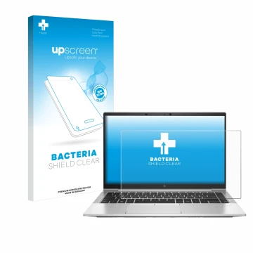Vorderseite einer Produktverpackung mit dem Markenlogo upscreen. Daneben ist das Gerät HP EliteBook 845 G7 mit dem zugehörigen