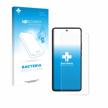 Vorderseite einer Produktverpackung mit dem Markenlogo upscreen. Daneben ist das Gerät Motorola Edge 30 mit dem zugehörigen Di