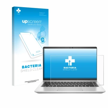 Vorderseite einer Produktverpackung mit dem Markenlogo upscreen. Daneben ist das Gerät HP EliteBook 645 G9 mit dem zugehörigen