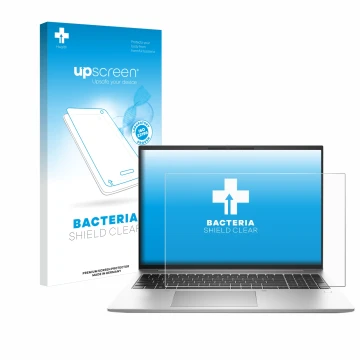 Vorderseite einer Produktverpackung mit dem Markenlogo upscreen. Daneben ist das Gerät HP EliteBook 840 G9 mit dem zugehörigen