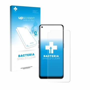 Vorderseite einer Produktverpackung mit dem Markenlogo upscreen. Daneben ist das Gerät Oppo Reno 8 Lite mit dem zugehörigen Di