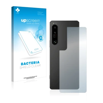 Vorderseite einer Produktverpackung mit dem Markenlogo upscreen. Daneben ist das Gerät Sony Xperia 1 IV (Rückseite) mit dem zu