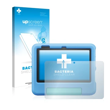 Vorderseite einer Produktverpackung mit dem Markenlogo upscreen. Daneben ist das Gerät Amazon Fire 7 Kids 2022 mit dem zugehör