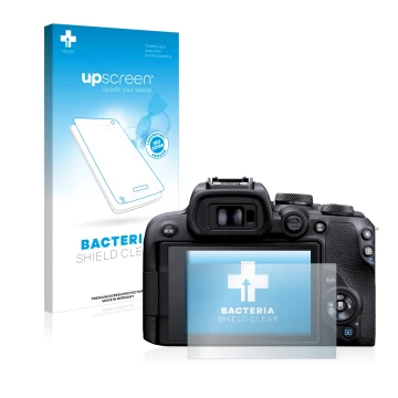 Vorderseite einer Produktverpackung mit dem Markenlogo upscreen. Daneben ist das Gerät Canon EOS R10 mit dem zugehörigen Displ