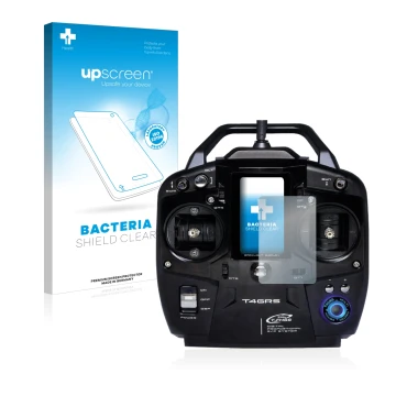 Vorderseite einer Produktverpackung mit dem Markenlogo upscreen. Daneben ist das Gerät Futaba T4GRS mit dem zugehörigen Displa