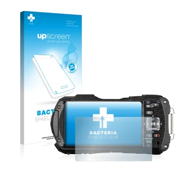 Vorderseite einer Produktverpackung mit dem Markenlogo upscreen. Daneben ist das Gerät Ricoh WG-80 mit dem zugehörigen Display