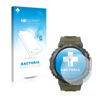 Vorderseite einer Produktverpackung mit dem Markenlogo upscreen. Daneben ist das Gerät Huami Amazfit T-Rex 2 mit dem zugehörig