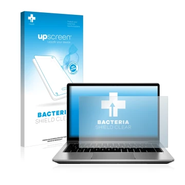 Vorderseite einer Produktverpackung mit dem Markenlogo upscreen. Daneben ist das Gerät HP ProBook 640 G8 mit dem zugehörigen D