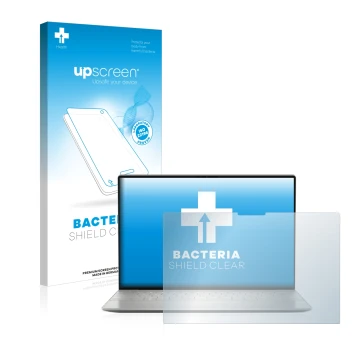 Vorderseite einer Produktverpackung mit dem Markenlogo upscreen. Daneben ist das Gerät Dell XPS 13 Plus 9320 Touch mit dem zug