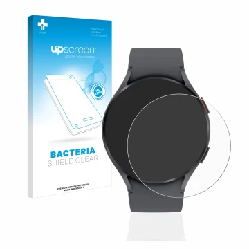 Vorderseite einer Produktverpackung mit dem Markenlogo upscreen. Daneben ist das Gerät Samsung Galaxy Watch 5 (44mm) mit dem z