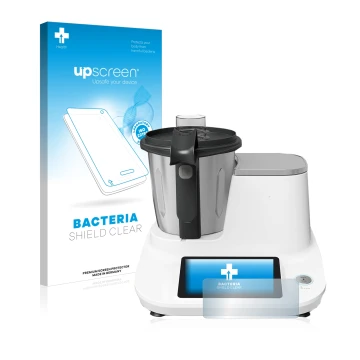 Vorderseite einer Produktverpackung mit dem Markenlogo upscreen. Daneben ist das Gerät Moulinex Click&Cook HF5061 mit dem zuge