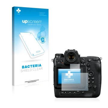 Vorderseite einer Produktverpackung mit dem Markenlogo upscreen. Daneben ist das Gerät Nikon Z 9 (Display + Schulterdisplay) m