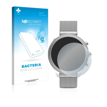 Vorderseite einer Produktverpackung mit dem Markenlogo upscreen. Daneben ist das Gerät Fossil Stella (6. Gen) mit dem zugehöri