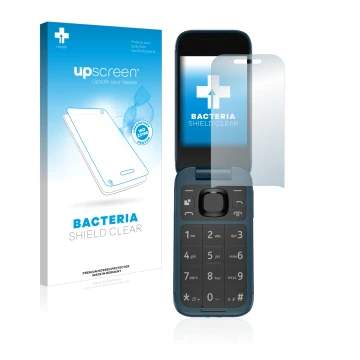 Vorderseite einer Produktverpackung mit dem Markenlogo upscreen. Daneben ist das Gerät Nokia 2660 Flip mit dem zugehörigen Dis