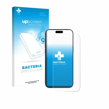 Vorderseite einer Produktverpackung mit dem Markenlogo upscreen. Daneben ist das Gerät Apple iPhone 14 Pro Max mit dem zugehör