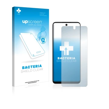 Vorderseite einer Produktverpackung mit dem Markenlogo upscreen. Daneben ist das Gerät Motorola Moto G32 mit dem zugehörigen D