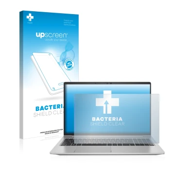 Vorderseite einer Produktverpackung mit dem Markenlogo upscreen. Daneben ist das Gerät HP ProBook 650 G8 mit dem zugehörigen D