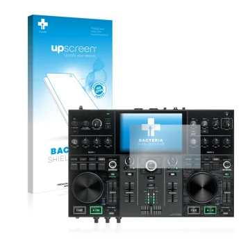 Vorderseite einer Produktverpackung mit dem Markenlogo upscreen. Daneben ist das Gerät Denon DJ Prime Go mit dem zugehörigen D