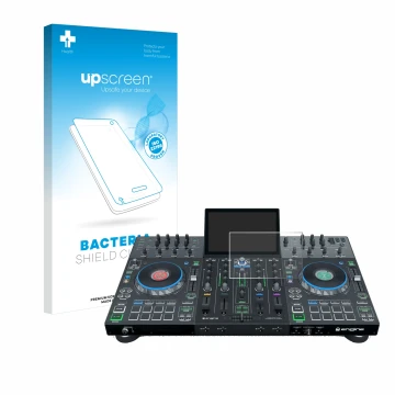 Vorderseite einer Produktverpackung mit dem Markenlogo upscreen. Daneben ist das Gerät Denon DJ Prime 4 mit dem zugehörigen Di