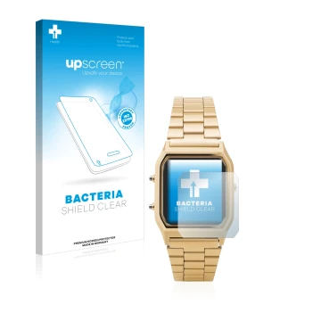 Vorderseite einer Produktverpackung mit dem Markenlogo upscreen. Daneben ist das Gerät Casio AQ-230GA mit dem zugehörigen Disp