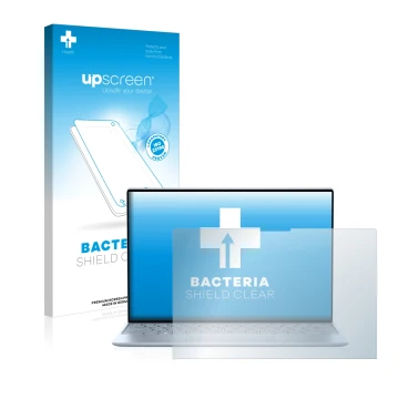 Vorderseite einer Produktverpackung mit dem Markenlogo upscreen. Daneben ist das Gerät Dell XPS 13 9315 Touch mit dem zugehöri