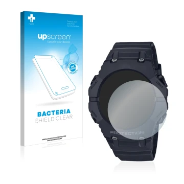 Vorderseite einer Produktverpackung mit dem Markenlogo upscreen. Daneben ist das Gerät Casio G-Shock GA-B001 mit dem zugehörig