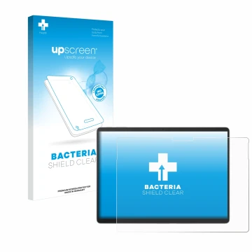 Vorderseite einer Produktverpackung mit dem Markenlogo upscreen. Daneben ist das Gerät Microsoft Surface Pro 9 mit dem zugehör