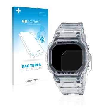 Vorderseite einer Produktverpackung mit dem Markenlogo upscreen. Daneben ist das Gerät Casio G-Shock DW-5600SKE-7 mit dem zuge