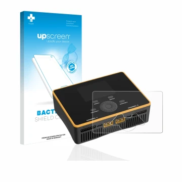 Vorderseite einer Produktverpackung mit dem Markenlogo upscreen. Daneben ist das Gerät Junsi iCharger DX8 Duo mit dem zugehöri