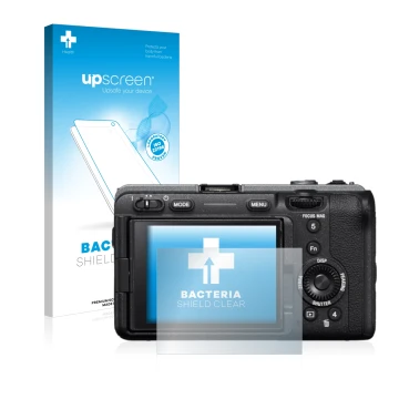 Vorderseite einer Produktverpackung mit dem Markenlogo upscreen. Daneben ist das Gerät Sony Alpha FX30 Cinema Line mit dem zug