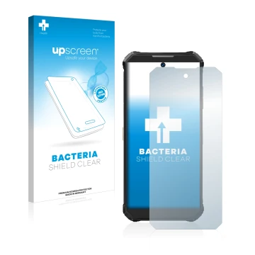 Vorderseite einer Produktverpackung mit dem Markenlogo upscreen. Daneben ist das Gerät Oukitel WP19 mit dem zugehörigen Displa