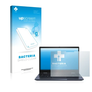 Vorderseite einer Produktverpackung mit dem Markenlogo upscreen. Daneben ist das Gerät ASUS ExpertBook B3 Flip B3402 mit dem z