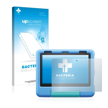 Vorderseite einer Produktverpackung mit dem Markenlogo upscreen. Daneben ist das Gerät Amazon Fire HD 8 Kids 2022 mit dem zuge