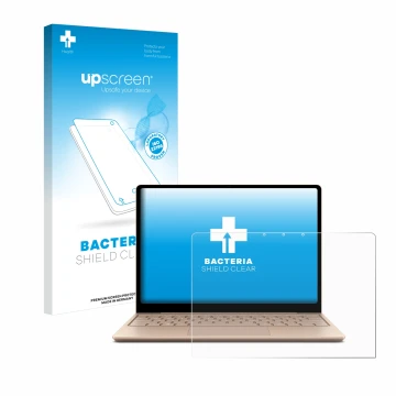Vorderseite einer Produktverpackung mit dem Markenlogo upscreen. Daneben ist das Gerät Microsoft Surface Laptop Go 2 Business 
