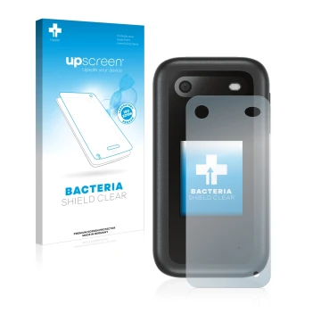 Vorderseite einer Produktverpackung mit dem Markenlogo upscreen. Daneben ist das Gerät Nokia 2660 Flip (Rückseite) mit dem zug