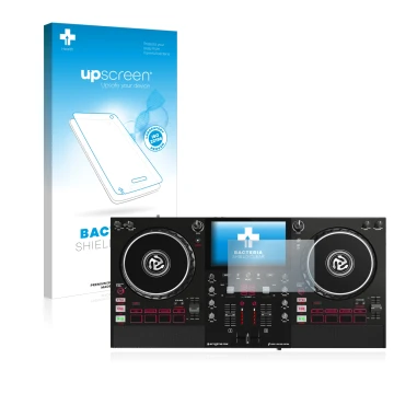 Vorderseite einer Produktverpackung mit dem Markenlogo upscreen. Daneben ist das Gerät Numark Mixstream Pro mit dem zugehörige