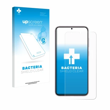 Vorderseite einer Produktverpackung mit dem Markenlogo upscreen. Daneben ist das Gerät Samsung Galaxy S23 Plus mit dem zugehör