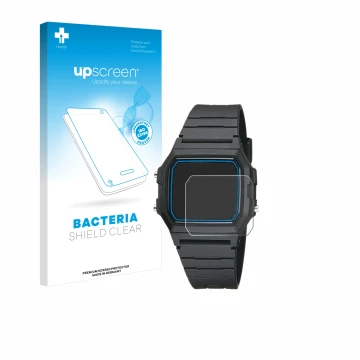 Vorderseite einer Produktverpackung mit dem Markenlogo upscreen. Daneben ist das Gerät Casio F-105W-1AWYEF mit dem zugehörigen