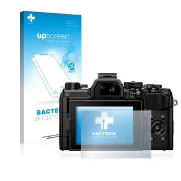Vorderseite einer Produktverpackung mit dem Markenlogo upscreen. Daneben ist das Gerät Olympus OM System OM-5 mit dem zugehöri