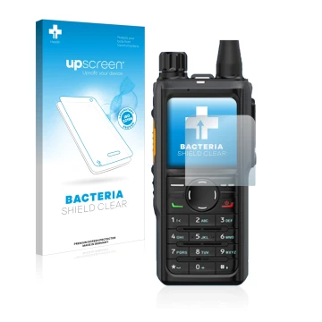 Vorderseite einer Produktverpackung mit dem Markenlogo upscreen. Daneben ist das Gerät Hytera HP 685 mit dem zugehörigen Displ