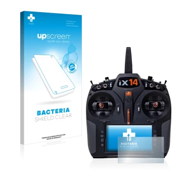 Vorderseite einer Produktverpackung mit dem Markenlogo upscreen. Daneben ist das Gerät Spektrum iX14 mit dem zugehörigen Displ