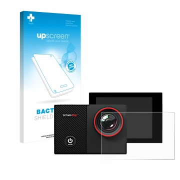 Vorderseite einer Produktverpackung mit dem Markenlogo upscreen. Daneben ist das Gerät Akaso EK7000 Pro mit dem zugehörigen Di