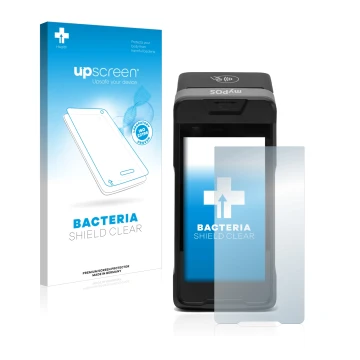 Vorderseite einer Produktverpackung mit dem Markenlogo upscreen. Daneben ist das Gerät myPOS Carbon mit dem zugehörigen Displa