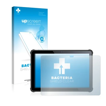 Vorderseite einer Produktverpackung mit dem Markenlogo upscreen. Daneben ist das Gerät Oukitel RT2 mit dem zugehörigen Display