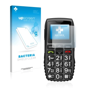 Vorderseite einer Produktverpackung mit dem Markenlogo upscreen. Daneben ist das Gerät artfone C1 Plus mit dem zugehörigen Dis